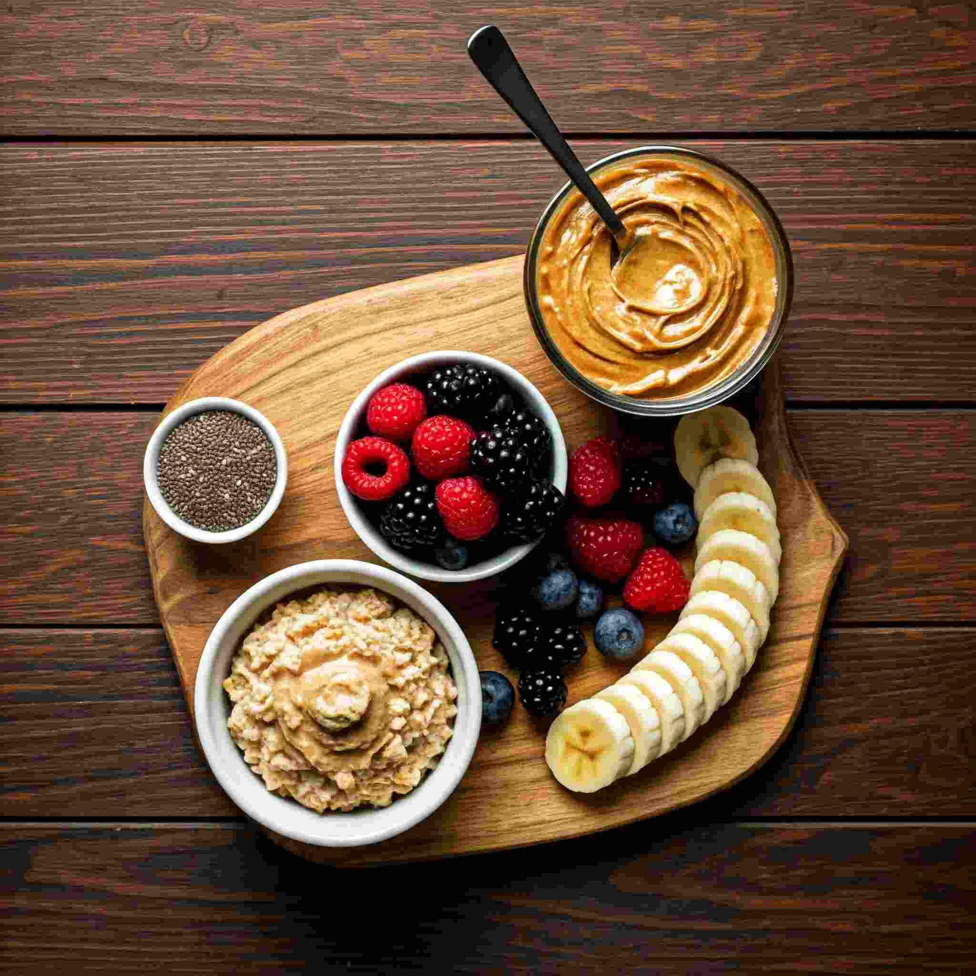 Flat-lay of steel-cut oats, almond butter, berries, chia seeds, and banana slices.