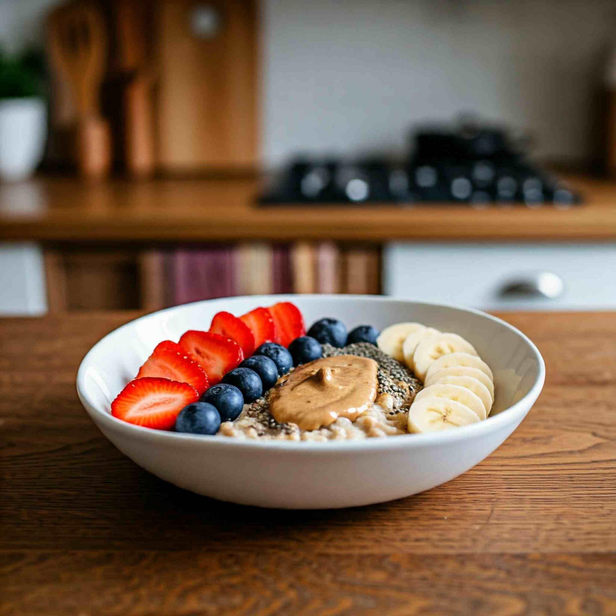 Bowl of oatmeal with fresh berries, banana slices, almond butter, and chia seeds.
