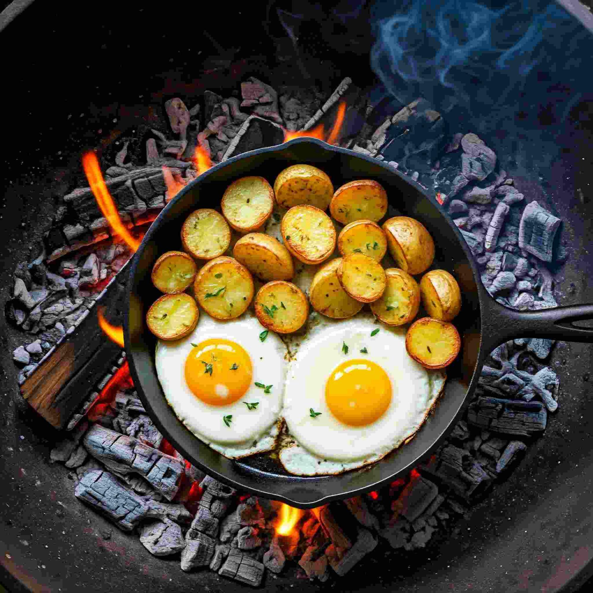 wood-fire breakfast with potatoes and eggs in a cast-iron skillet