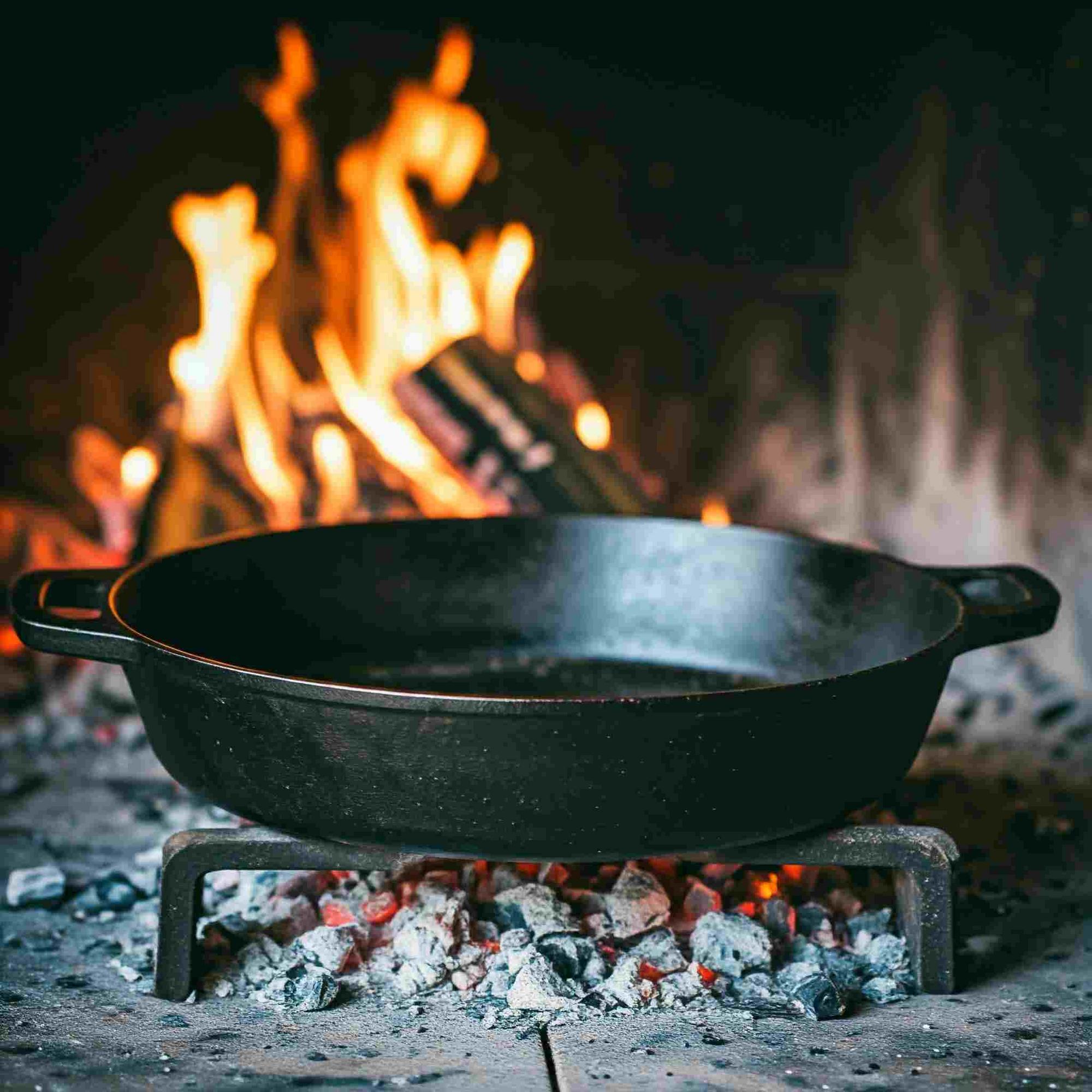 cast-iron skillet over hot coals for wood-fire cooking