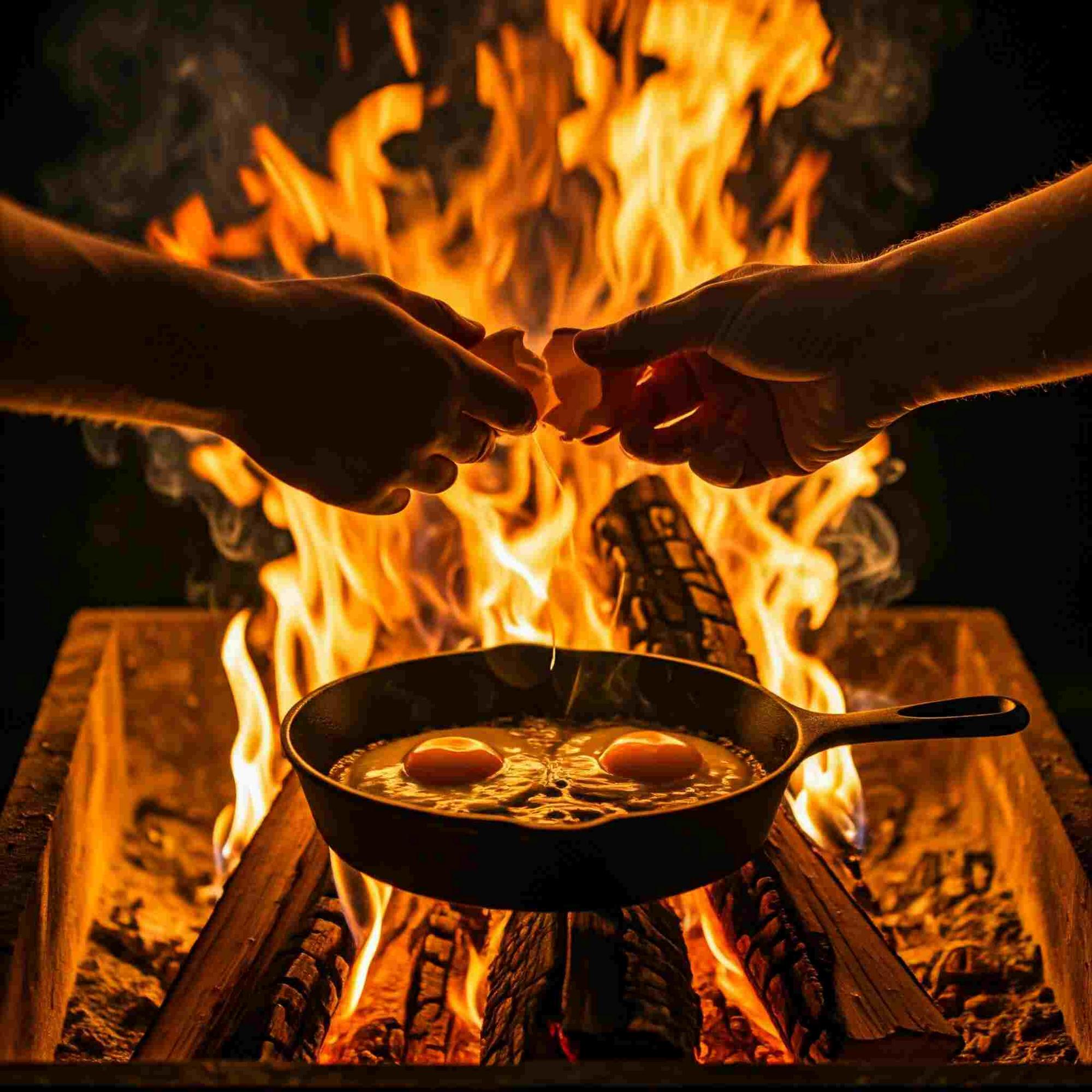 cracking eggs into a skillet over a wood-fire for breakfast