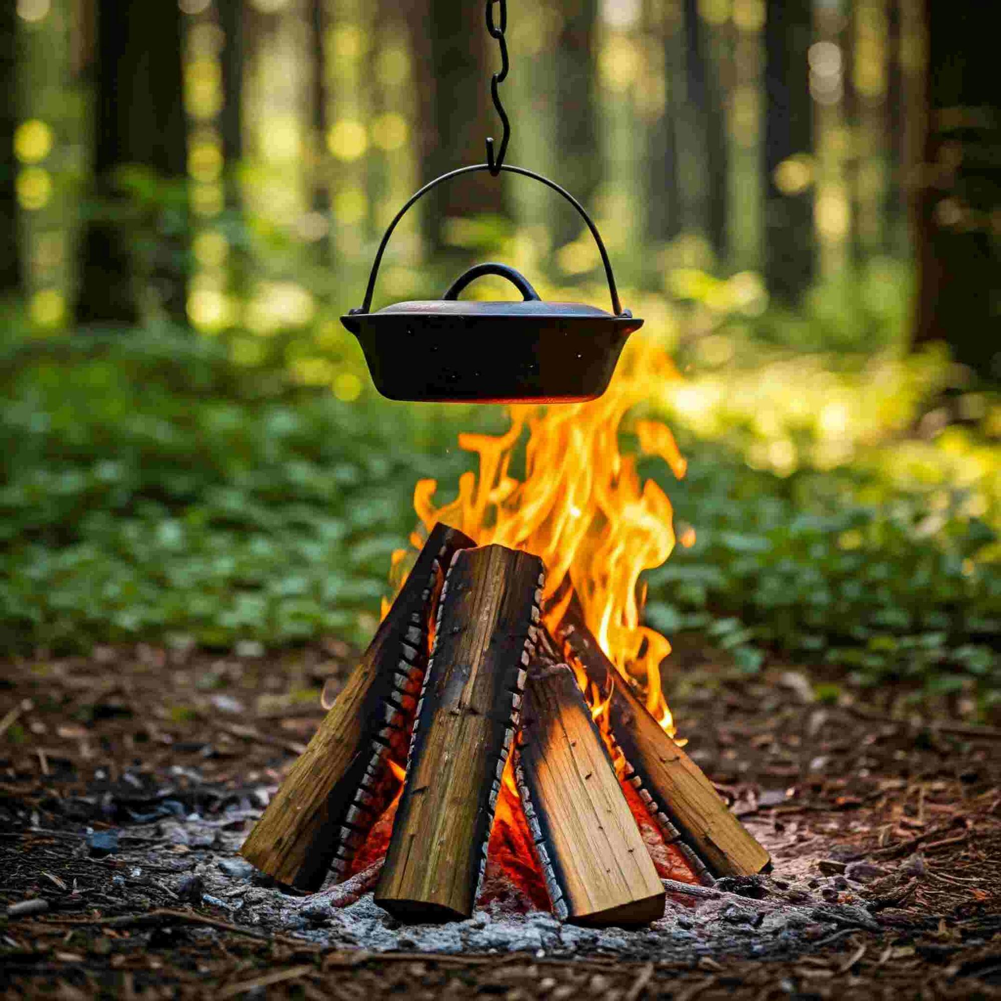 outdoor wood-fire cooking in the forest during morning light