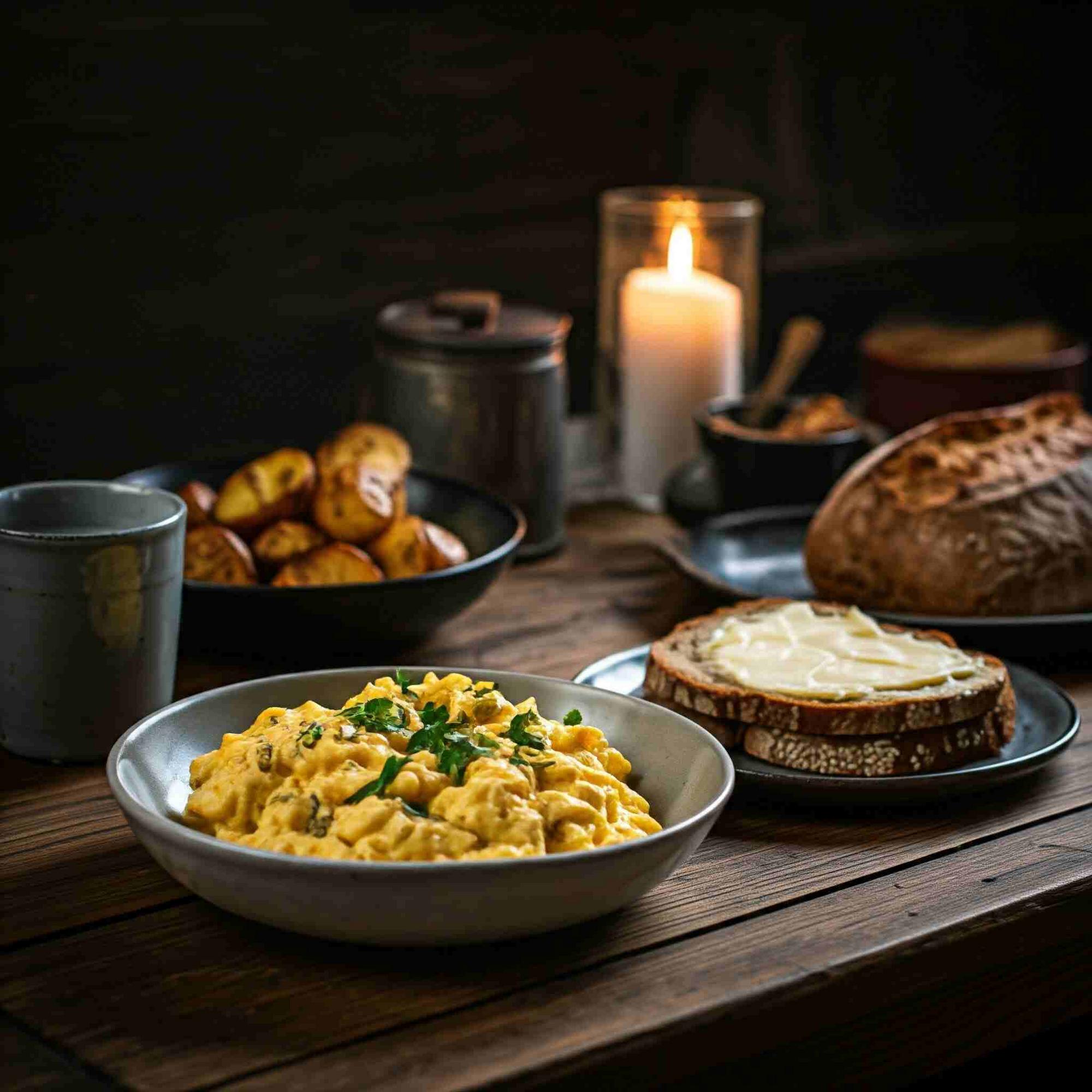 wood-fire breakfast served on a rustic wooden table