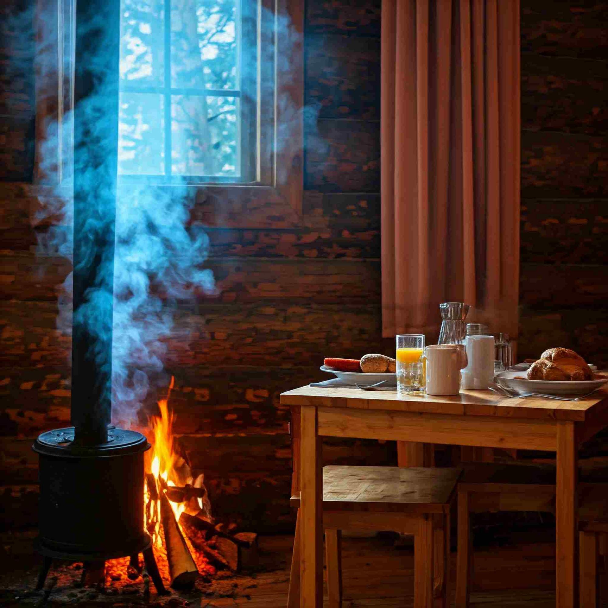 morning smoke rising from a wood fire for breakfast