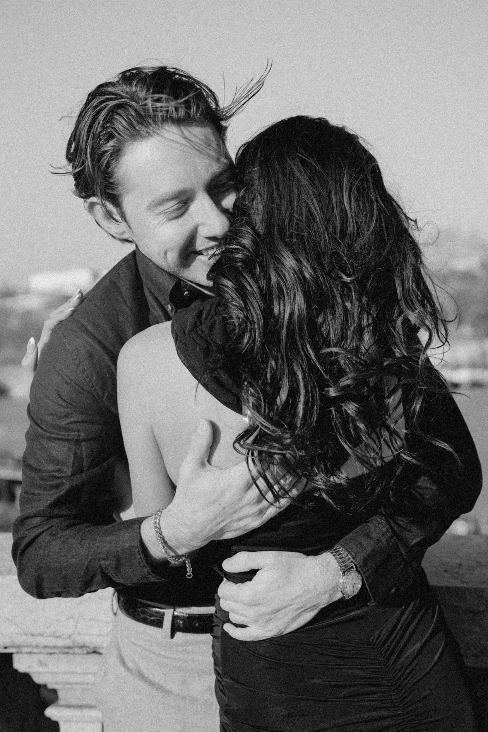 Paris engagement photo with a moody monochrome aesthetic