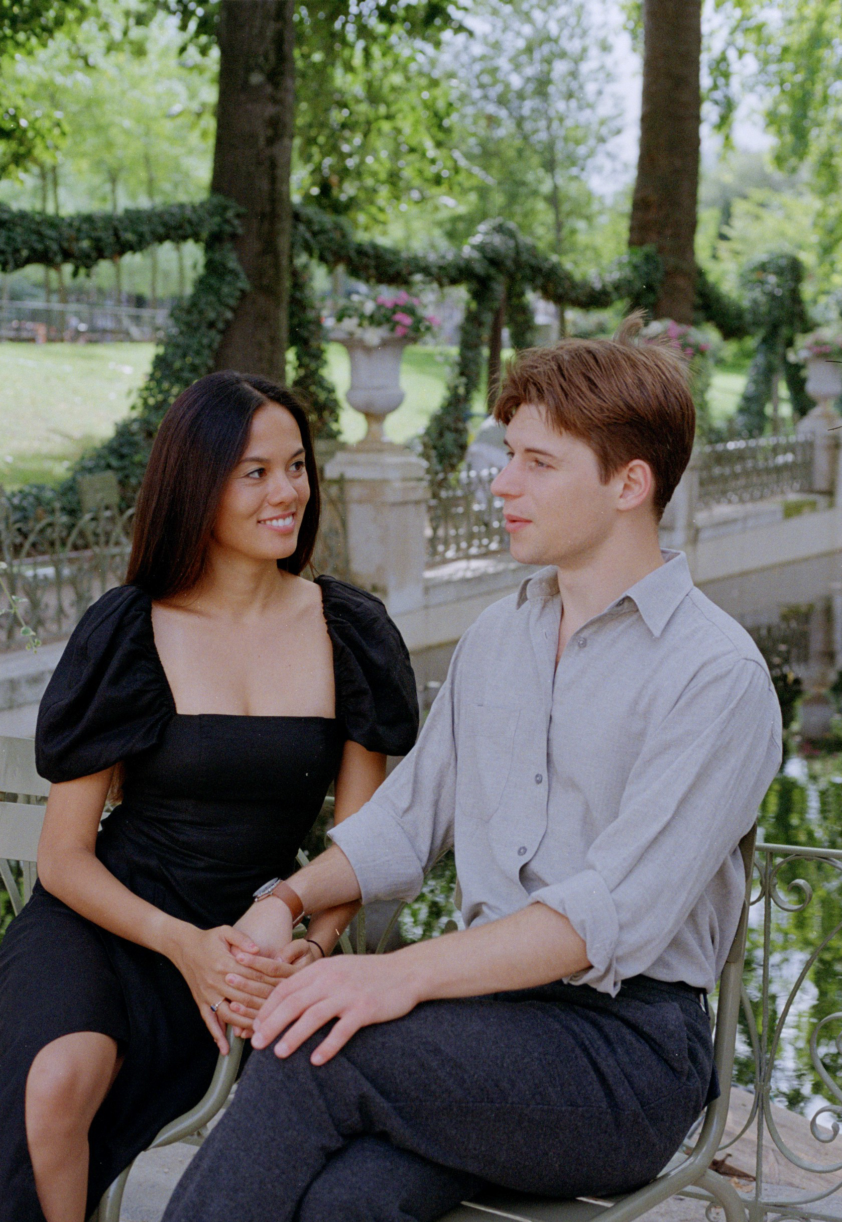 Engagement photos in the Luxembourg garden taken on analog film