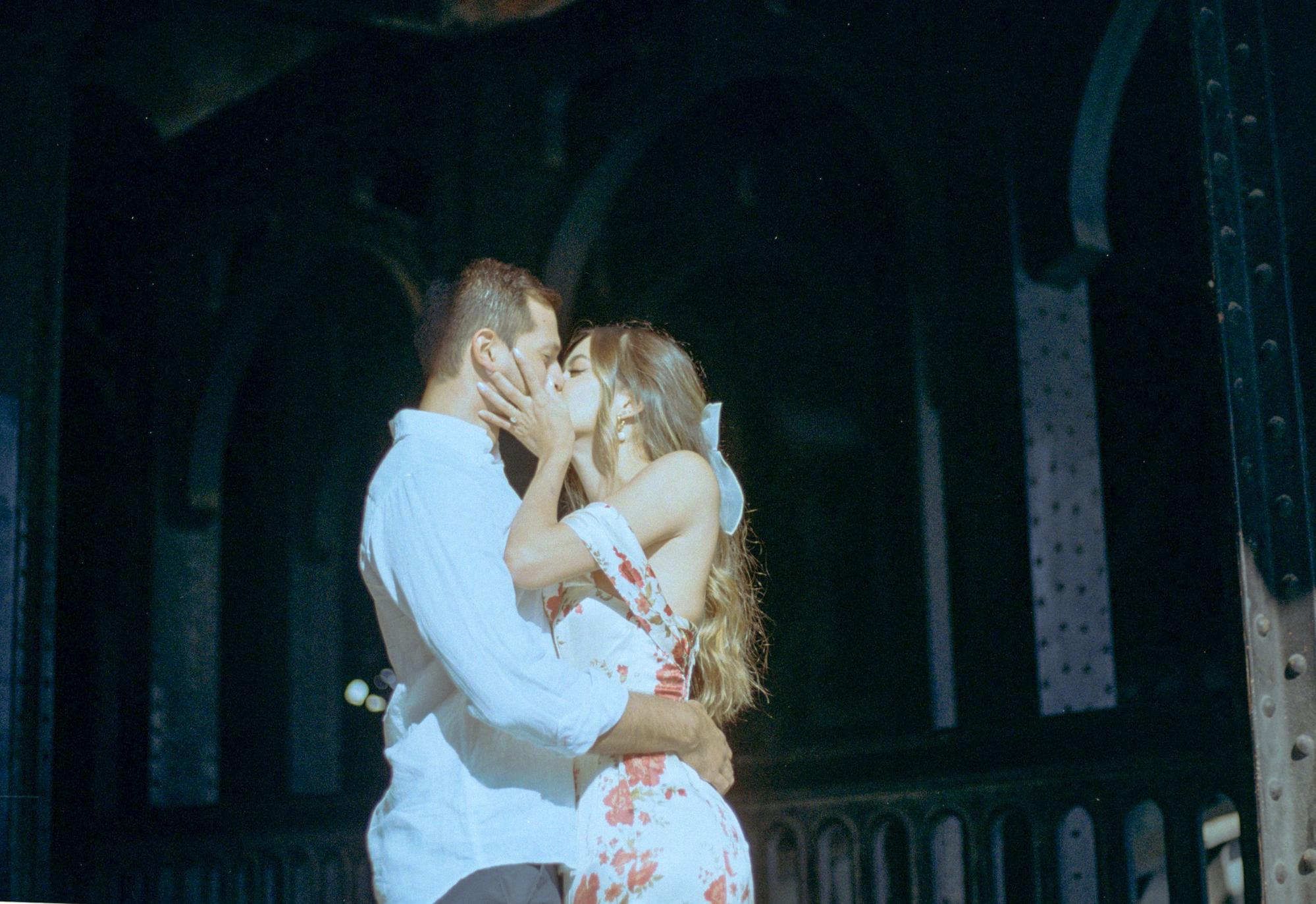 cinematic engagement photo session for a couple in Paris that looks like a French movie